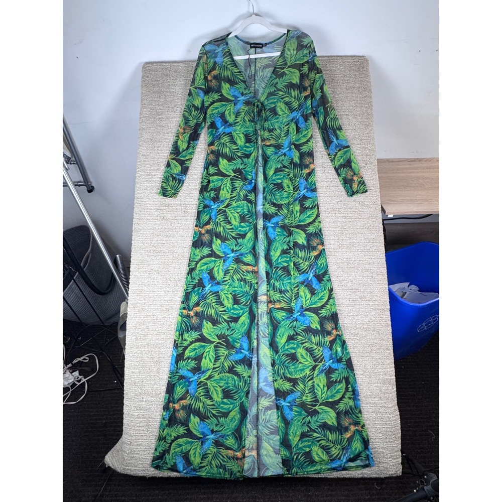 PrettyLittleThing Tropical Bird Print Mesh Maxi Duster Green Blue US 4